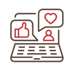 Laptop icon with thumbs up, heart and person icons