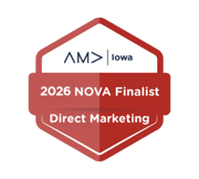 The image displays a badge indicating recognition as a finalist in the 2026 NOVA category for Direct Marketing, associated with AMA Iowa.
