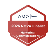 The image displays a badge indicating recognition as a finalist in the 2026 NOVA category for Marketing Communications, associated with AMA Iowa.